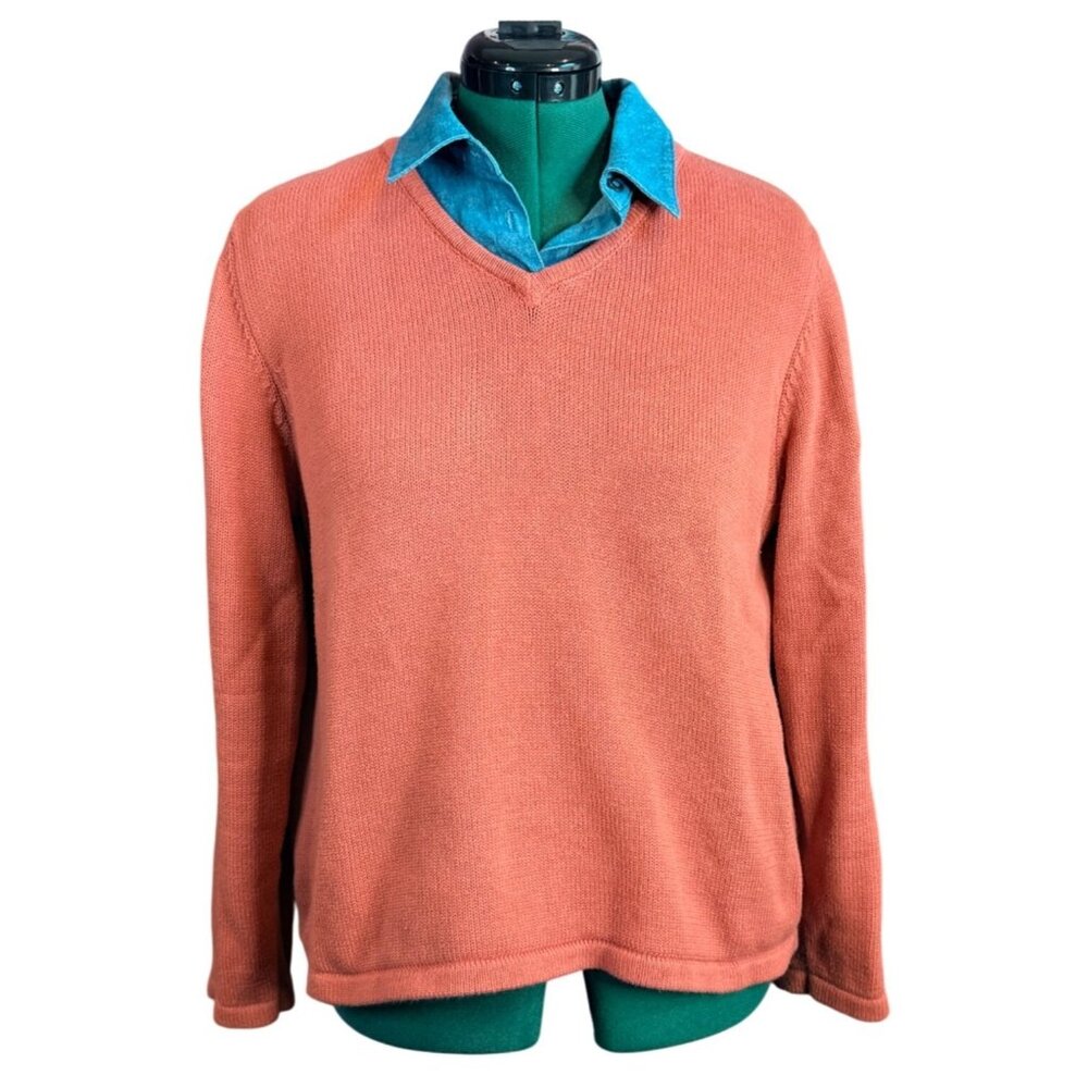 Breckenridge Womens V-Neck Orange Cotton Sweater with Jean Material Collar Large - Picture 13 of 13